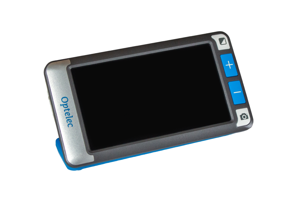 Product shot of the Compact Go. It has a black screen, and some blue buttons on the right of it.