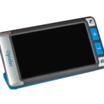 Product shot of the Compact Go. It has a black screen, and some blue buttons on the right of it.