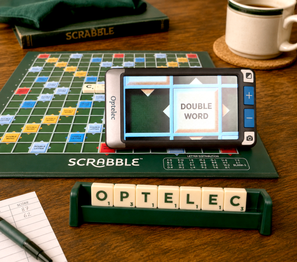 Compact Go on a scrabble board showing the board magnified